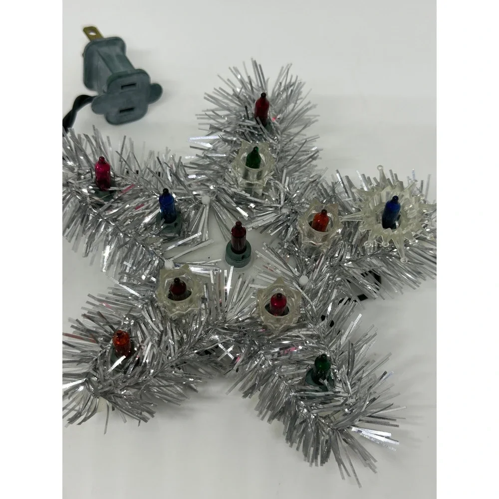 VTG Christmas Tree Topper Star Silver Tinsel Multi Color Lighted Holiday Decor